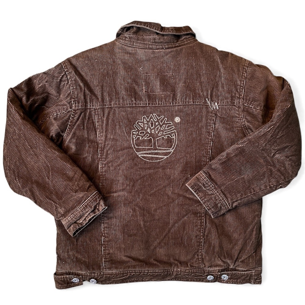 Timberland Corduroy Trucker Jacket Brown Embroidered Logo Flannel Lined Womens L
